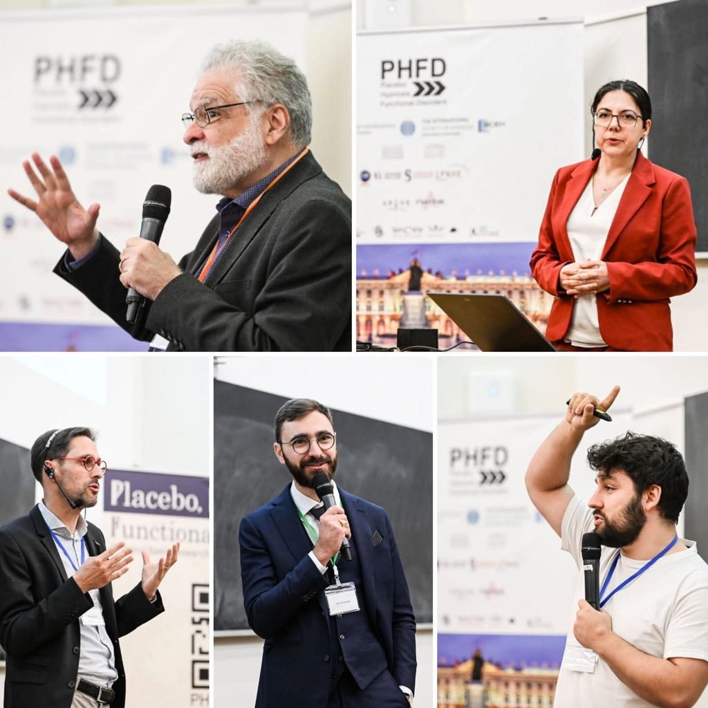Moments forts des conférences du colloque PHFD avec Coraline Hingray, Clément Apelian et les participants dans l'amphithéâtre en bois.